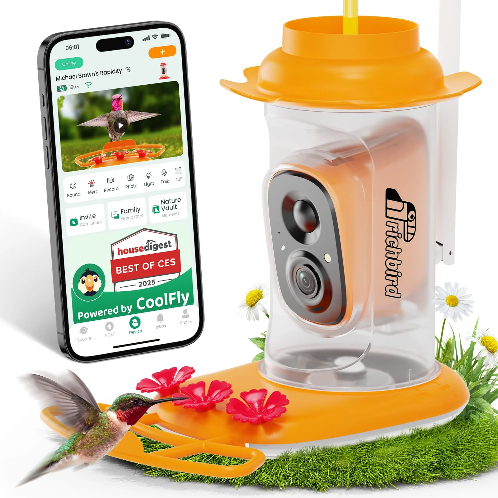 Breathable RichBird Smart Hummingbird Feeder with Camera – Solar Powered AI Identify Instant Notifications 20 oz High-Performance