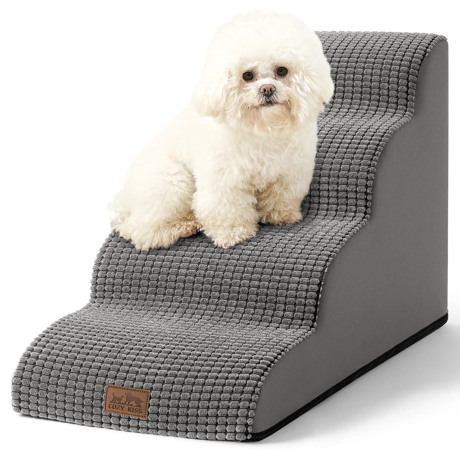 Solid COZY KISS Dog Stairs for Small Dogs — 4-Step Curved Foam Ramp 19.7-in High Dark Grey Excellent
