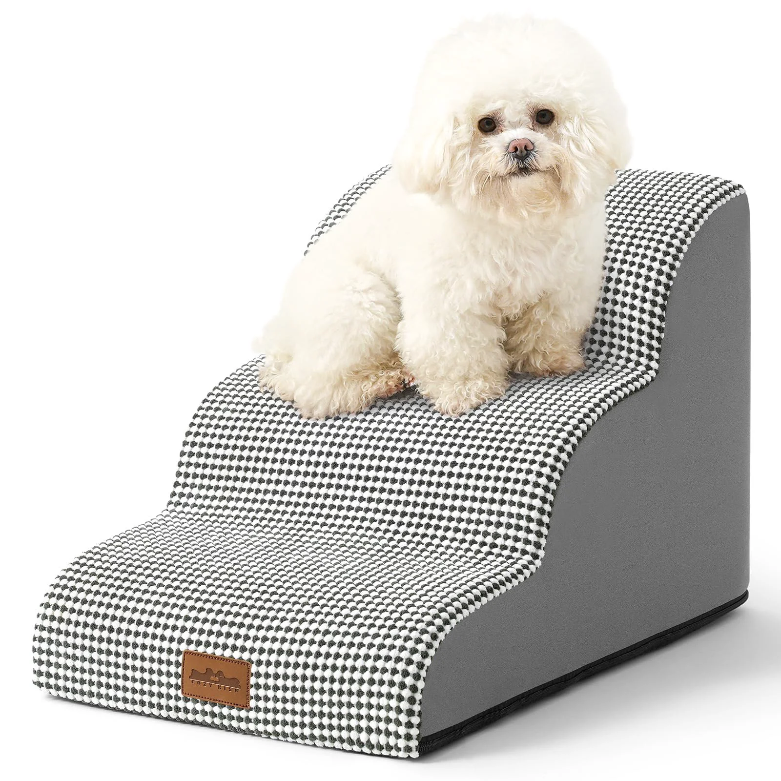 Prestigious COZY KISS Dog Stairs for Small Dogs – 3-Step Foam Curved Ramp for Sofa 15.7 H White Black Original Design