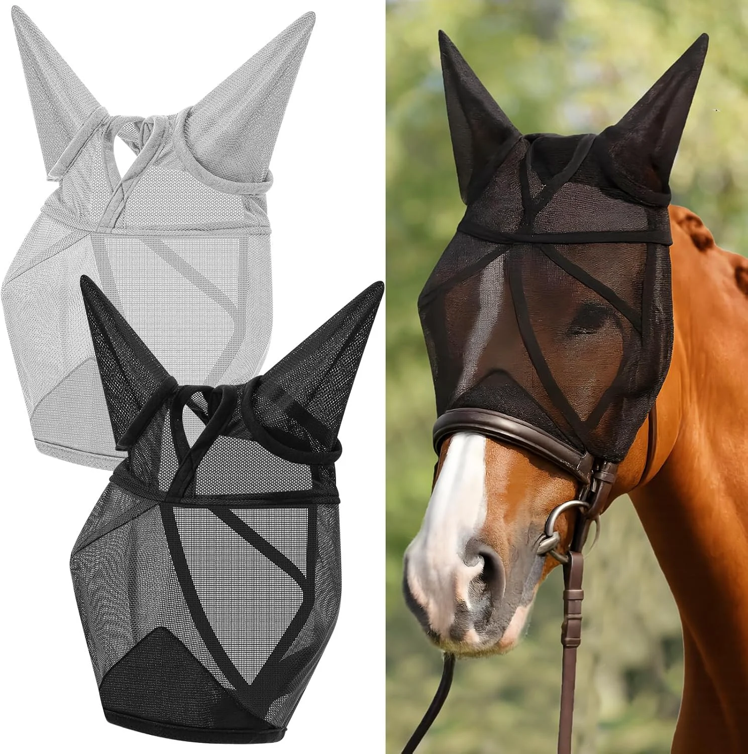 Refined 2 Pcs Horse Fly Mask with Ears Adjustable UV Protection Horse Fly Mask Accessories Large Eye Space with Ears for Horses Summer Black and Gray L Traditional