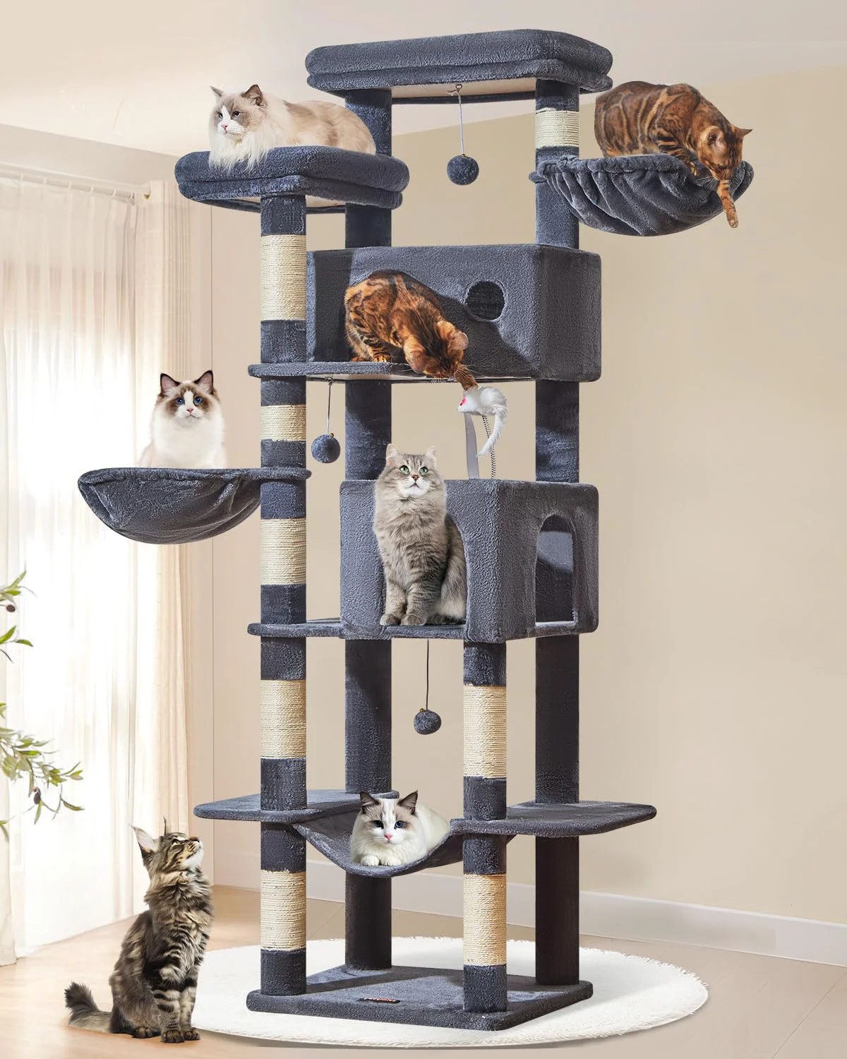 Elite Taoqimiao 76-Inch Cat Tree Tower MS046G Smoke Gray – Stable Indoor Cat Tree with 2 Condos 2 Perches Baskets Hammock Verified