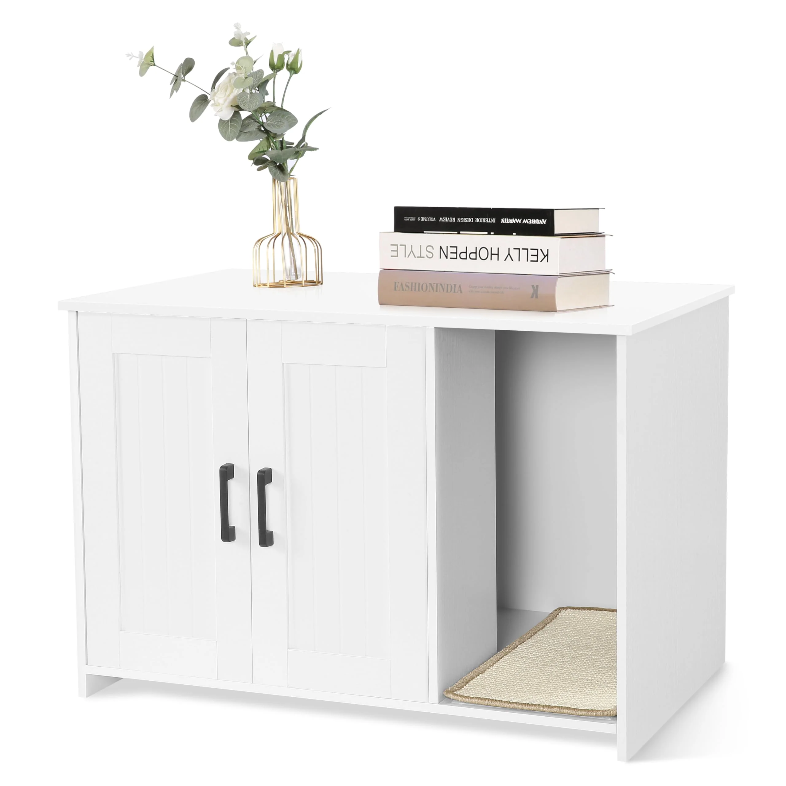 Trendy Dwanton Litter Box Enclosure — Hidden Cat Furniture with Scratching Mat White High-End