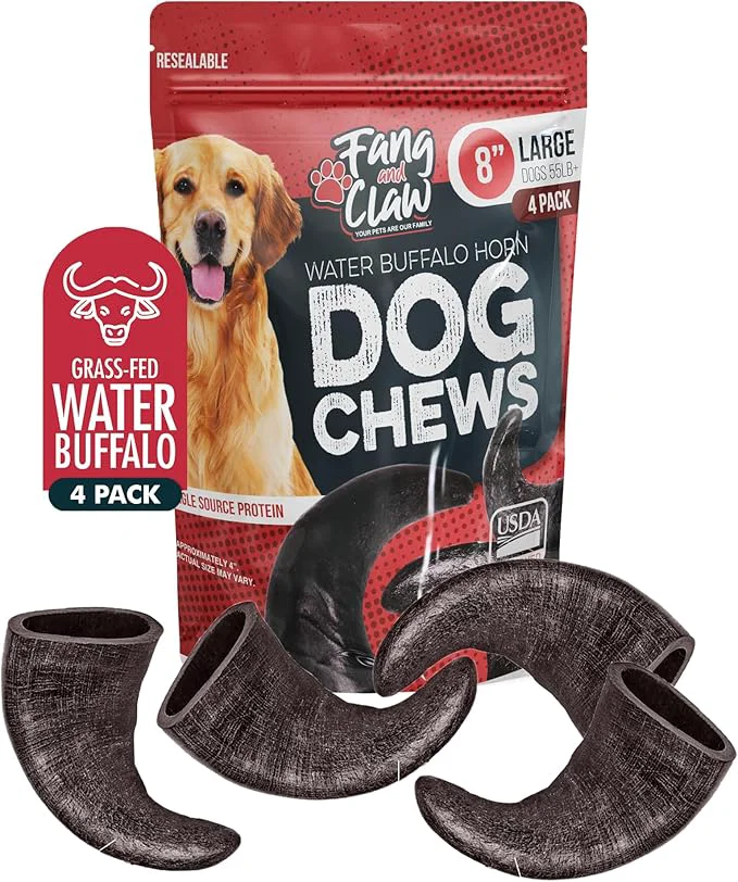 Reusable Water Buffalo Horn Dog Chew 4 Pack – Large 8 – All Natural Range Grass Fed Single Source Protein – No Chemicals Additives Hormones – Long Lasting Good for Aggressive Chewers – by Fang ClawAbout This Dependable