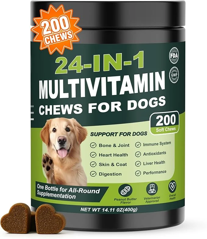 Versatile 24-in-1 Dog Multivitamins Chewable 200 Count Dog Vitamins and Supplements with Glucosamine Chondroitin Probiotics Omega-3 for Skin Coat Hip Joint Heart Liver Brain Eye Support – Peanut ButterAbout This Healthy
