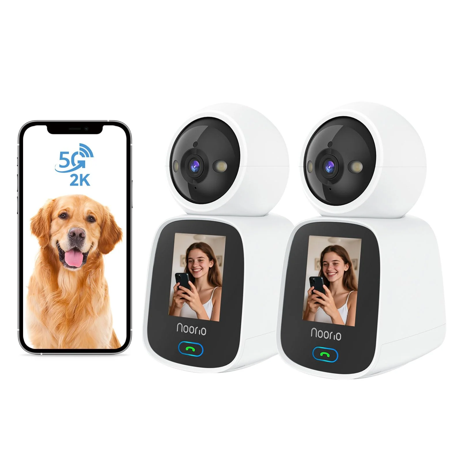 Breathable Noorio CL200 5G Two-Way Video Calling Camera — 2K Pet Cam 2-Pack 360° PTZ Consistent