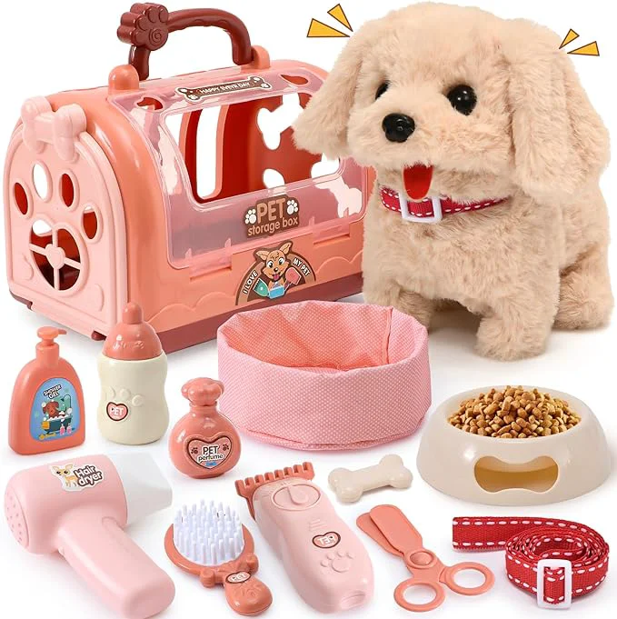 Premium Material Golray Dog Toys for Kids Girls Electronic Interactive Walking Barking Dog with 12 Pcs Carrier Accessories Toddler Girl Toy Dog Puppy Pet Care Pretend Play Set Birthday Gift for Little Girl 3 4 5 6About This Durable