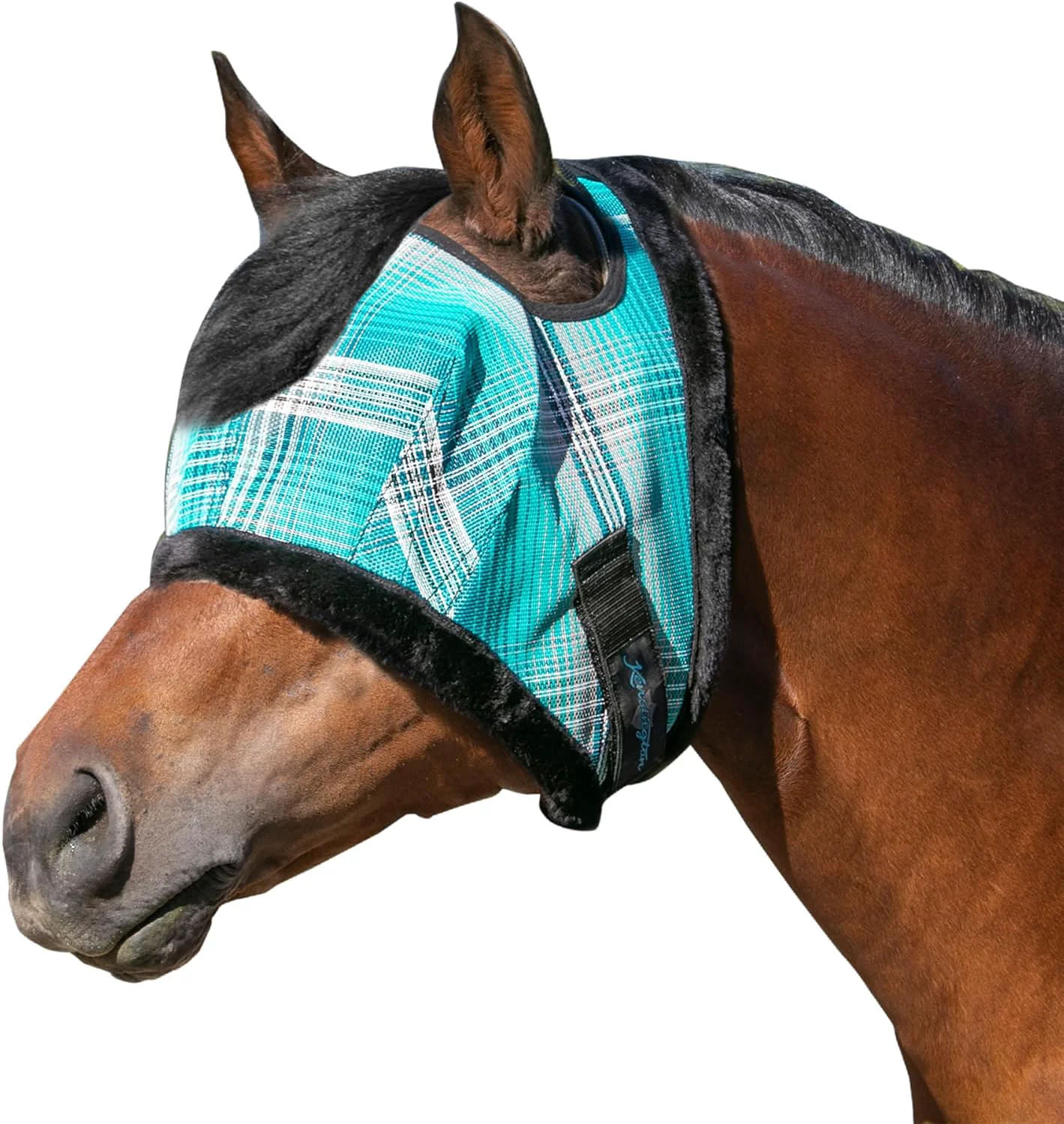 Powerful Kensington Fly Mask with Fleece Trim for Horses — Protects Face and Eyes from Flies and Sun Rays While Allowing Full Visibility — Breathable and Non Heat Transferring Large Atlantis Fast