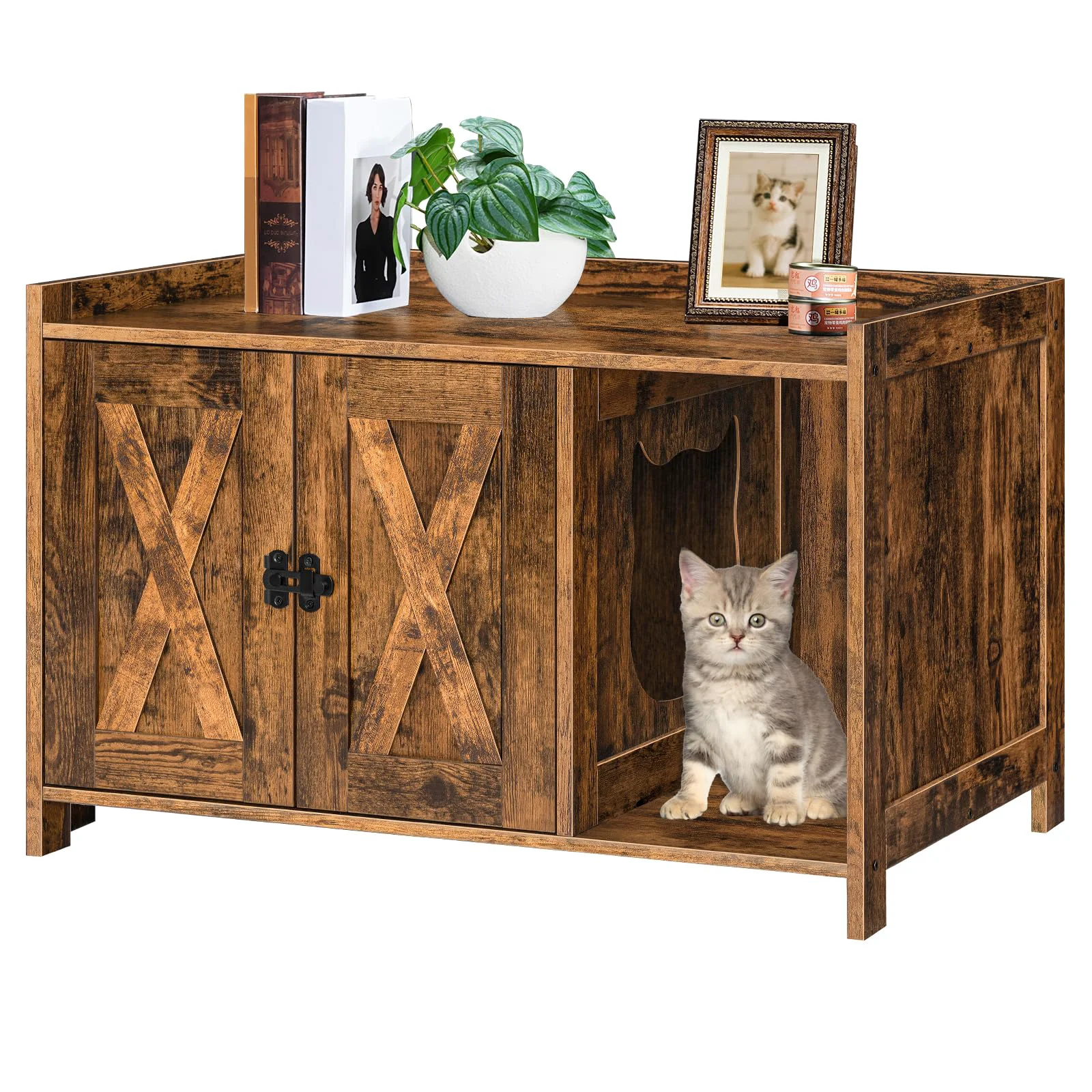 Environmentally Friendly MAHANCRIS Cat Litter Box Enclosure with Divider — Rustic Wood Nightstand CWHR2501Z Prestigious