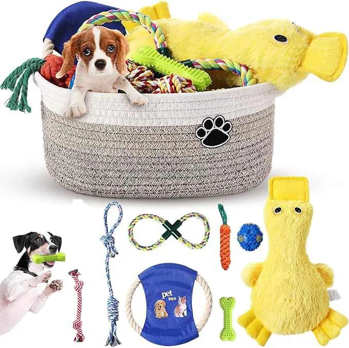 Breathable Zopeal Puppy Dog Toy Gift Storage Basket with Dog Toys Set Chew Toys Birthday Gift Basket Teething Interactive Squeaky Duck for Teething Small Medium Large Dogs Khaki About This Specialty