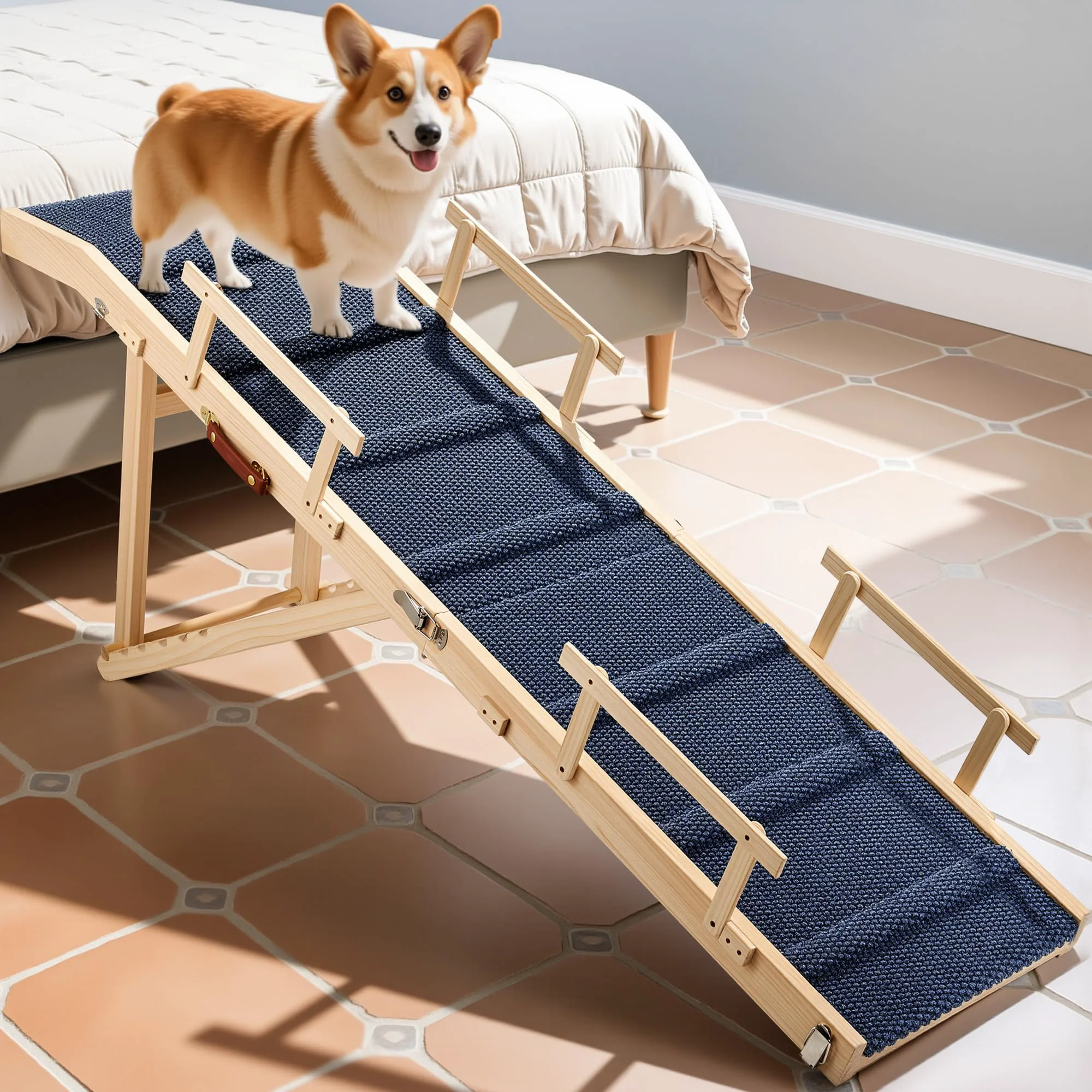Prestigious Tsukiko Dog Ramp for Bed with Rails – 64 Inch Long 6 Height Adjustments 220 lb Capacity Solid