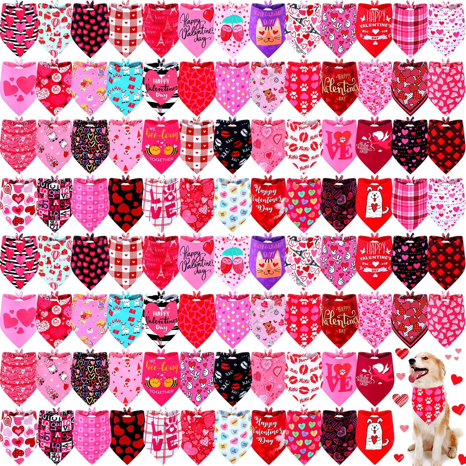 Trendy Newwiee Valentine Dog Bandanas Bulk – 100 Pcs Heart Pattern Pet Scarves for Large Dogs Authentic