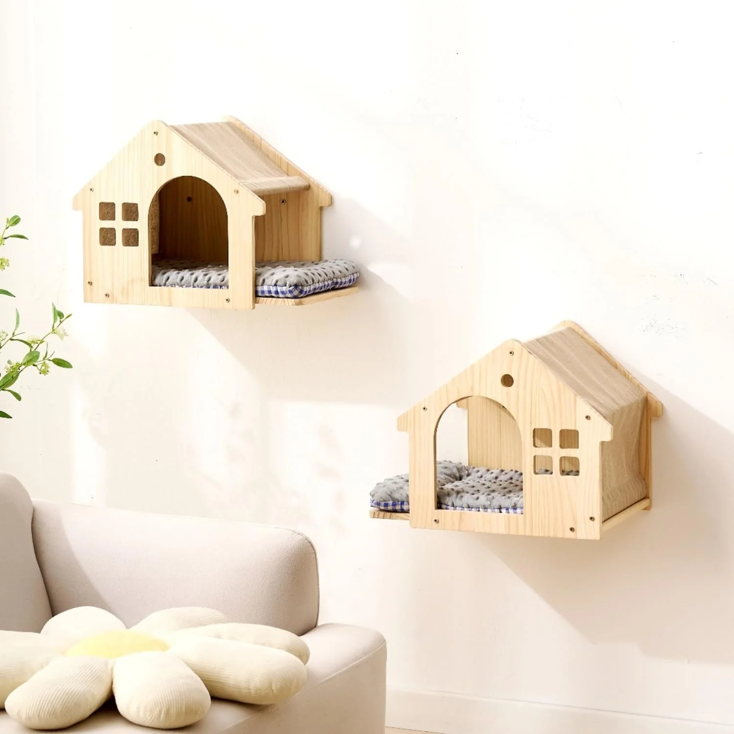 User-Friendly SHENGOCASE Natural Wood Cat Wall Shelves Bed – 2-Pack Wall-Mounted Cat Condo with Washable Cushions Efficient