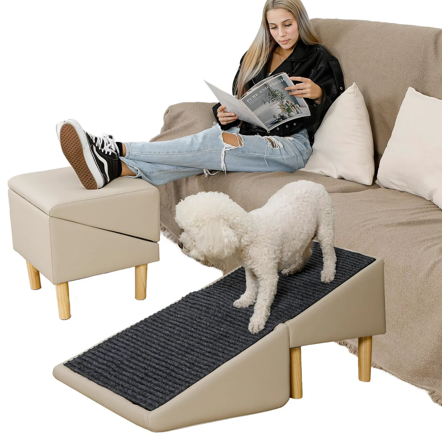 Carefully Designed JDYEKYGF 2-in-1 Split Ottoman Dog Ramp — Lightweight Couch Access Steps 17.71-Inch High 220 lbs Off-White High-End