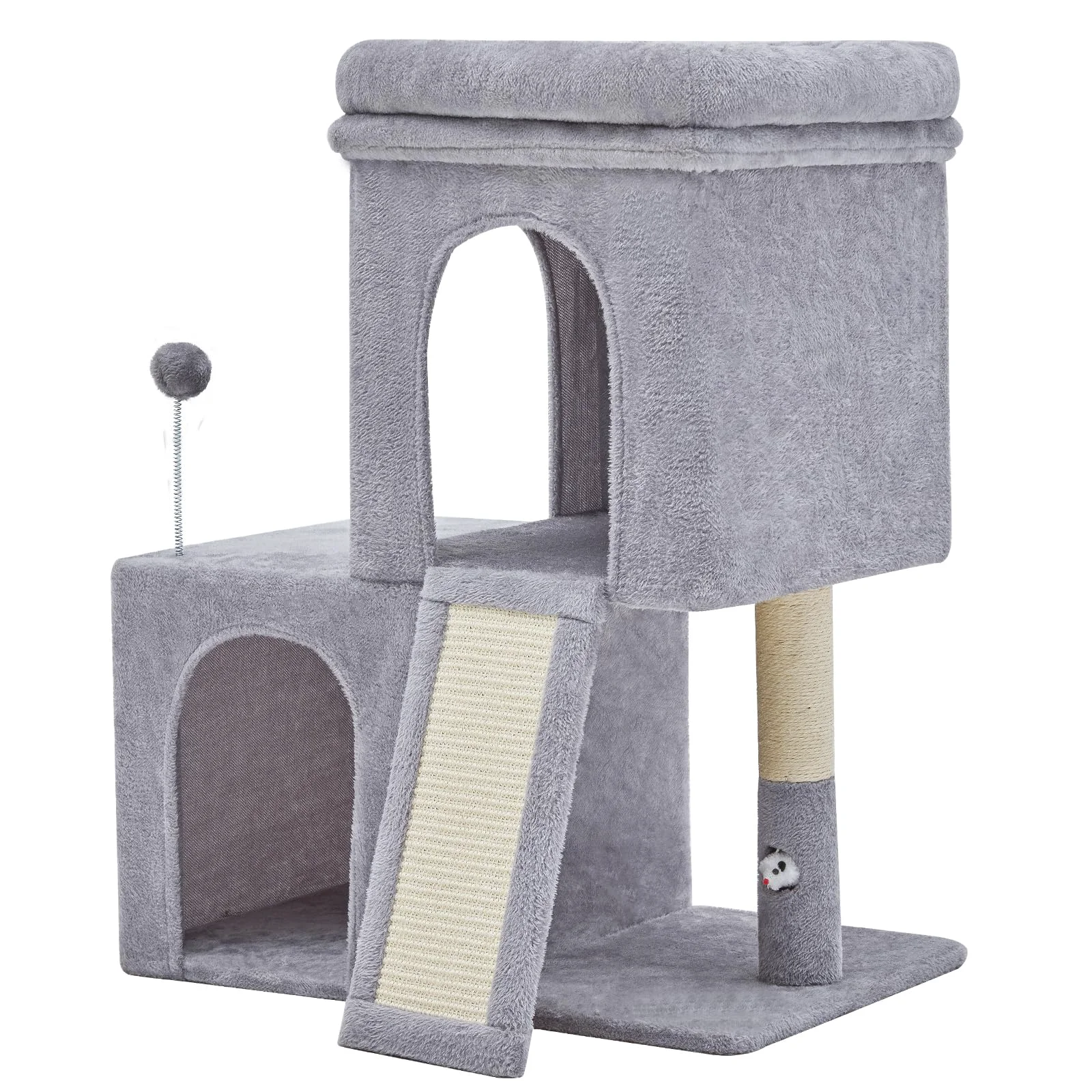 Long-Lasting Woochpet 32-Inch Tall Cat Tree with 2 Condos – Cozy Multi-Cat Tower Light Grey Easy-to-Use
