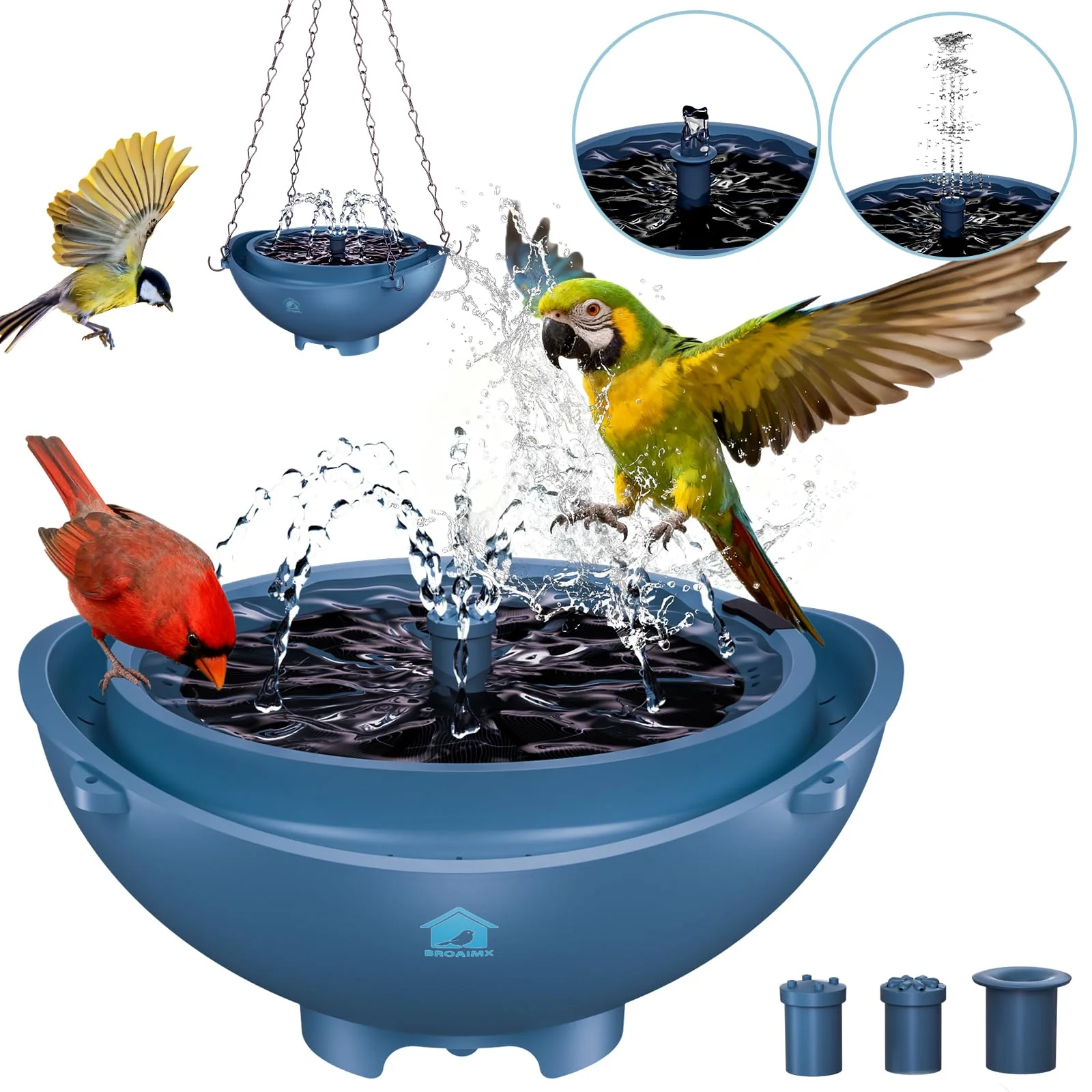 Convenient BROAIMX Solar Powered Bird Bath Fountain with Built-in Battery – 3 Nozzles Low-Water Protection Deep Blue Optimized