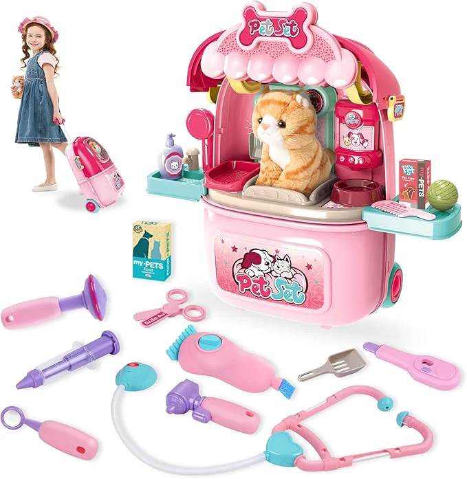 Quality 4U Pet Cat Care Carrier Suitcase Toy 29PCS Vet Clinic and Doctor Kit for Kids Pet Kitty Grooming Feeding Toys Veterinarian Pretend Play Set Gifts for Boys and Girls Ages 3-12About This Superior