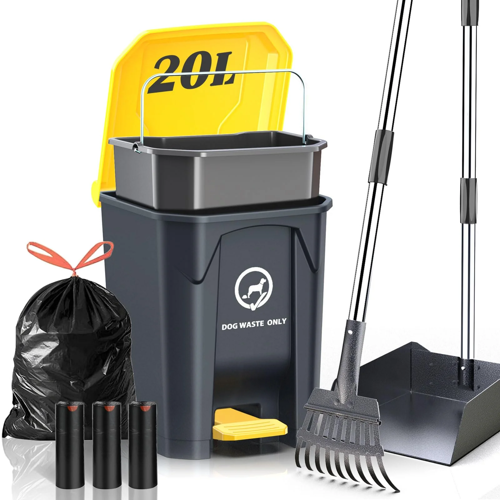 Practical Pestairs Outdoor Dog Poop Trash Can with Pooper Scooper 60 Bags – 20L 5.2 Gal Yard Waste Station Sustainable