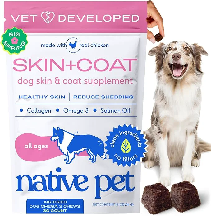 Minimalist Native Pet Skin Coat Chews – Omega 3 Fish Oil for Dogs Skin Coat Supplement – Itch Relief Shiny Fur Shedding Support – Collagen Hyaluronic Acid Biotin Probiotics Salmon Oil – 30 ChewsAbout ThisOverview Enhanced