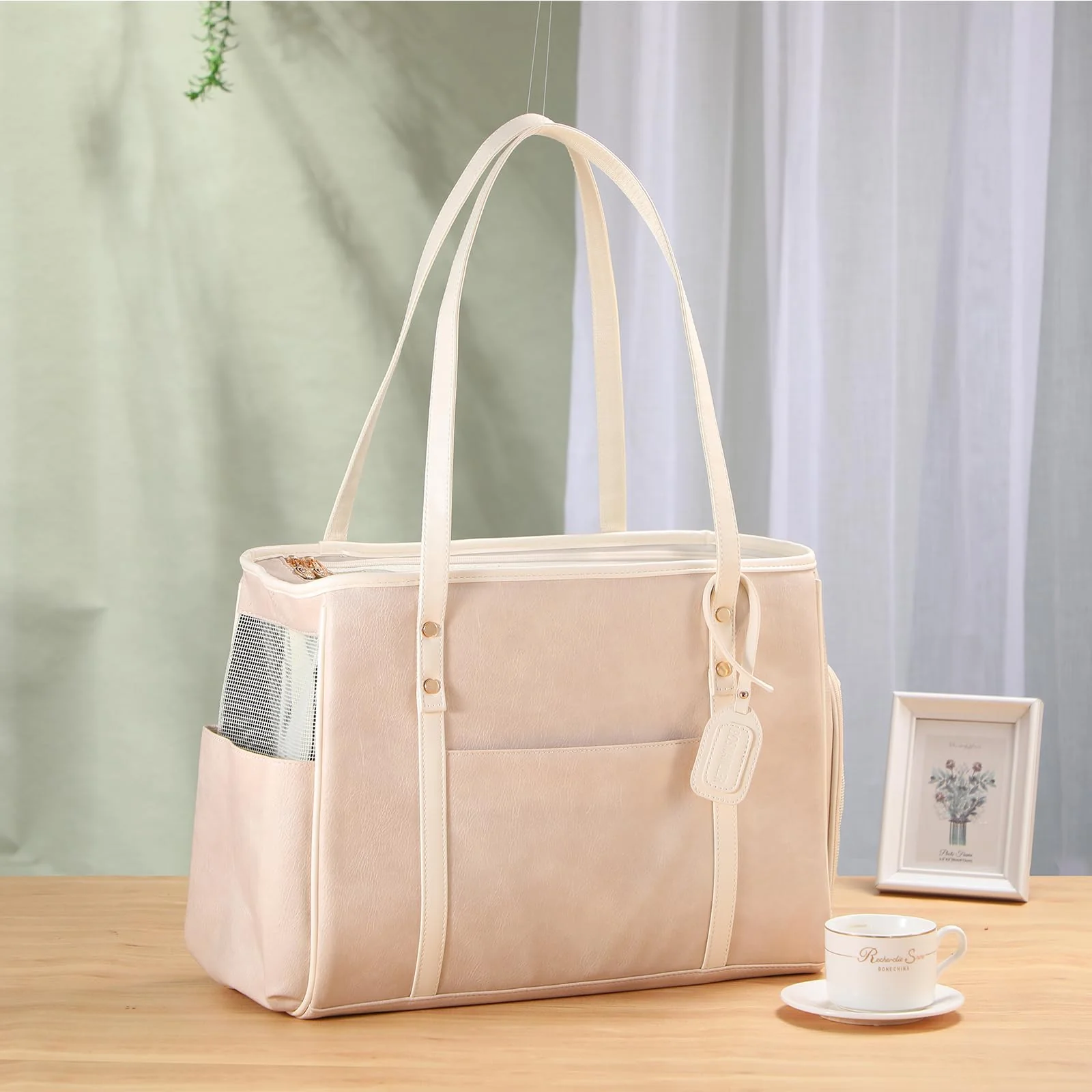 Crafted Bosnanller Fashion Dog Carrier Purse — Premium Leather Cat Carrier Bag Airline- Beige Sustainable