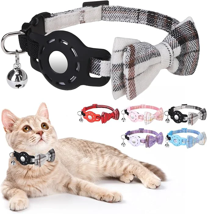 Expertly Made Airtag Cat Collar with Bells and Bowtie -Safety Elastic Band Kitten Collar Excellent