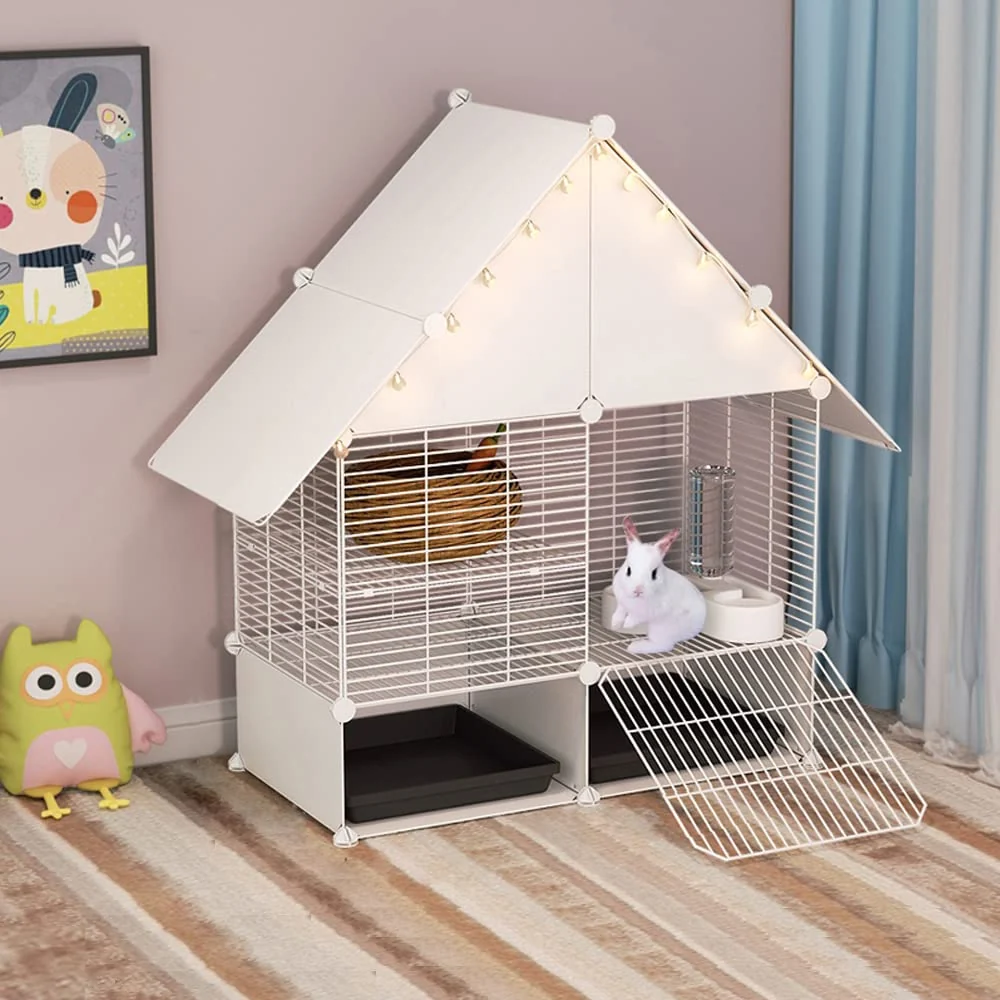 Traditional DuvinDD 2-Story Small Rabbit Cage with Pull-Out Trays Urine Guard Flexible