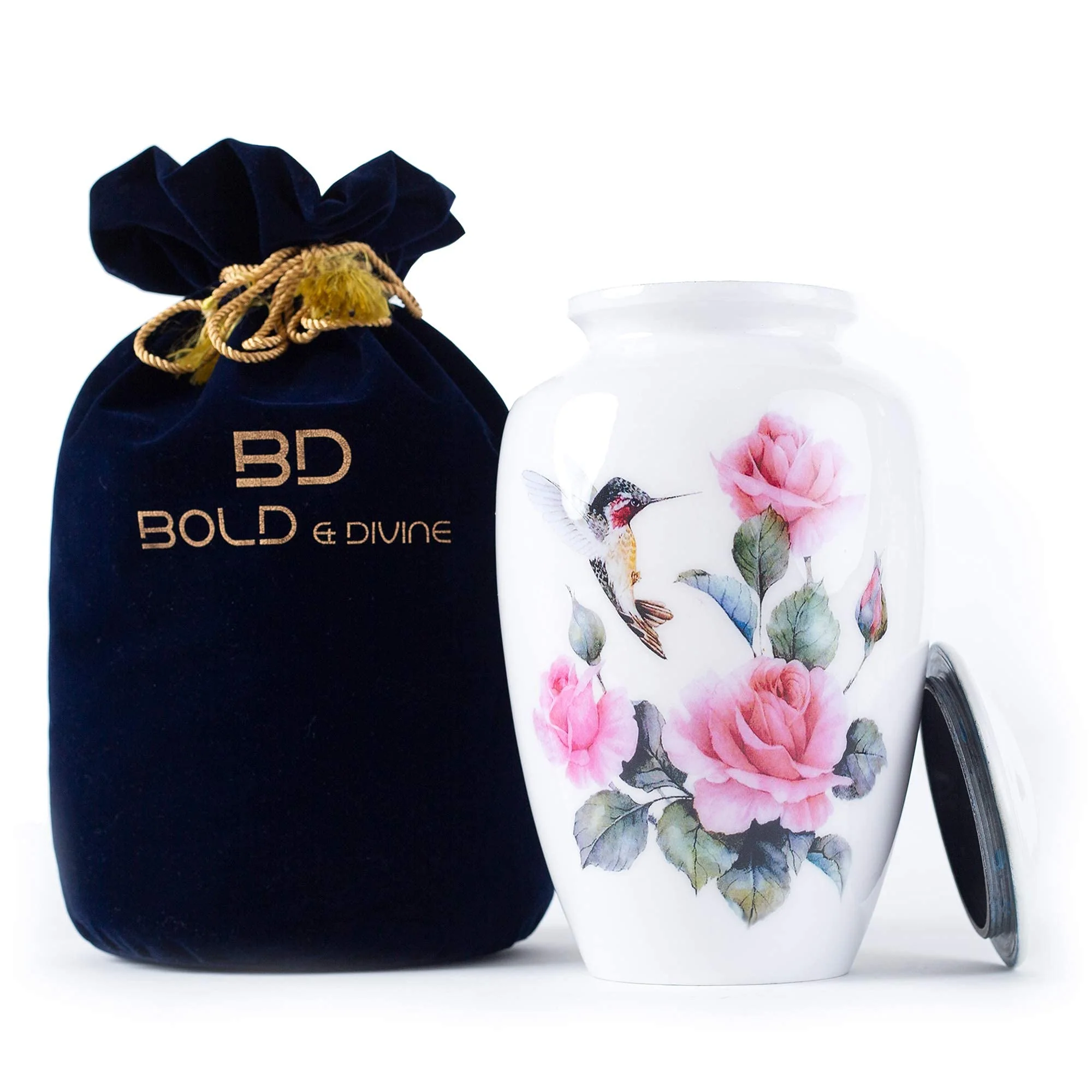 Premium Material Bold Divine Hummingbird Printed Adult Cremation Urn – Large 200 cu in Aluminum Velvet Bag User-Friendly