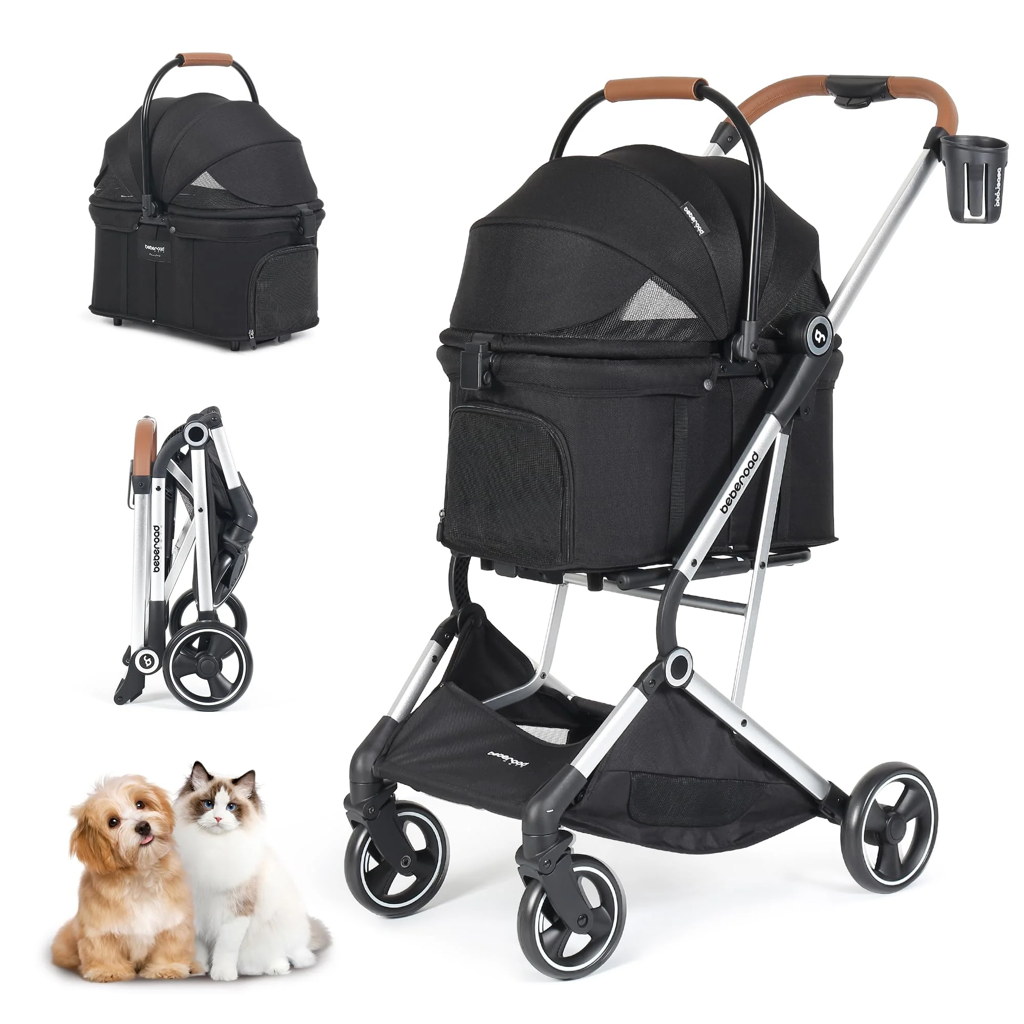 Detailed Beberoad Pets T3 Pro 3-in-1 Small Pet Stroller – 4 Wheels Detachable Carrier Canopy Cup Holder Black Functional