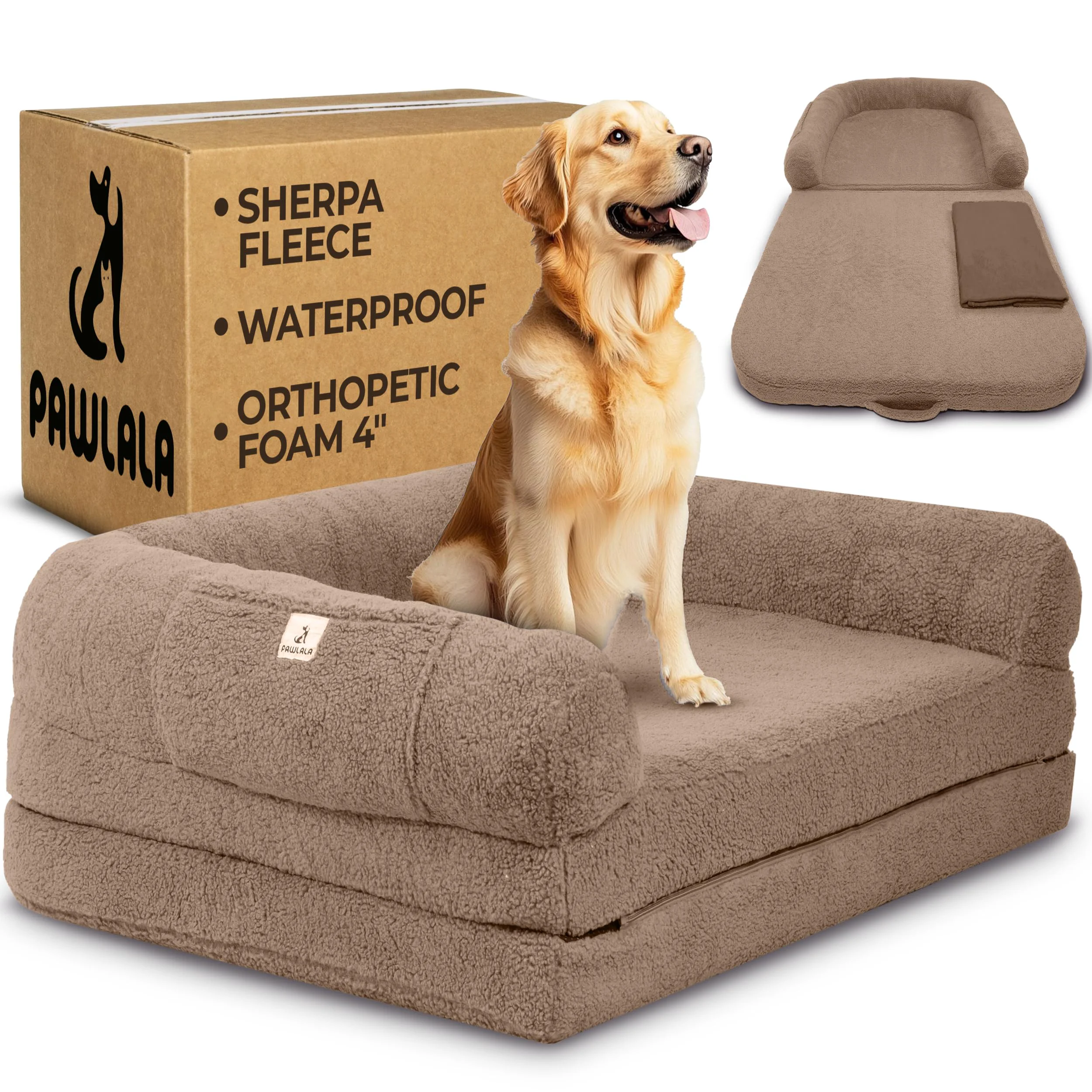 Convenient PAWLALA 2-in-1 Human Dog Bed for Adults – Foldable 72x44x11 Orthopedic Foam Waterproof Sherpa Cover Non-Slip Base Original Design