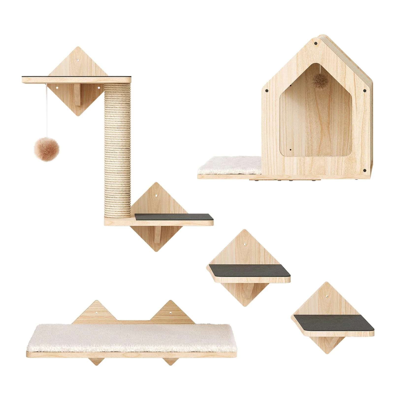 Quality HOOBRO Wood Cat Wall Shelves – Set of 5 Wall Mounted Cat Furniture Anti-Slip Solid Wood Consistent