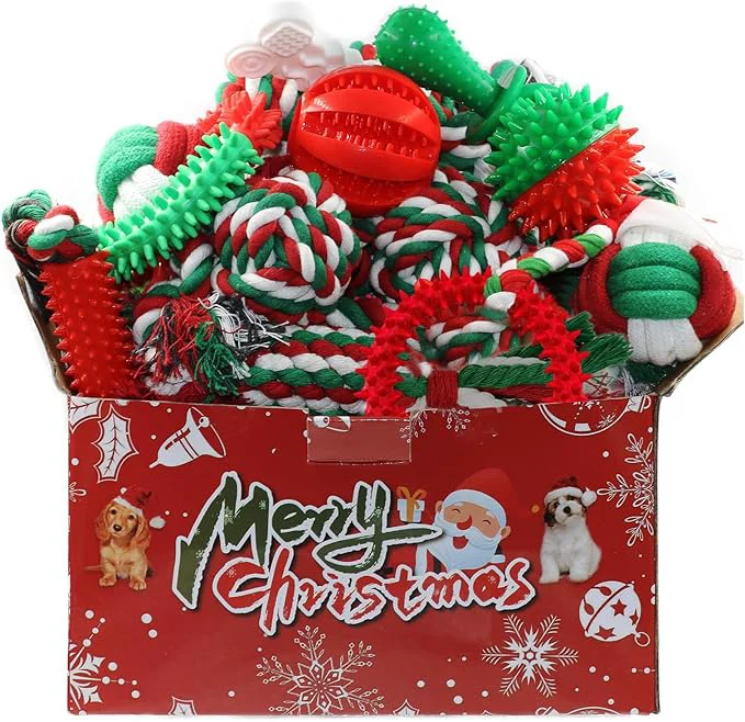 Pure Beiker Christmas Dog Toys Bulk 15 Pack Puppy Chew Toys for Teething Small Medium Puppies Holiday Christmas Themed Presents Gifts Box Including Variety Tough Rubber and Rope ToysAbout This Fashionable
