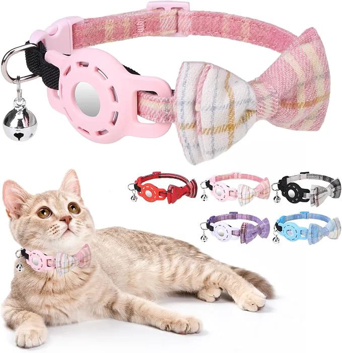 Minimalist Airtag Cat Collar with Bells and Bowtie -Safety Elastic Band Kitten Collar Casual