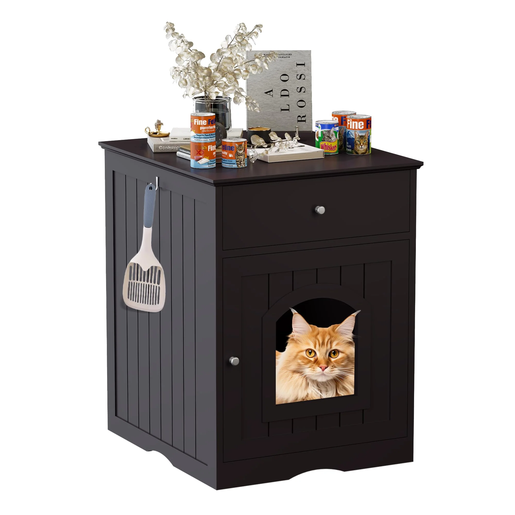 Environmentally Friendly Qiaoxuan Litter Box Enclosure Hidden Cabinet with Drawer Wooden End Table Brown Original Design