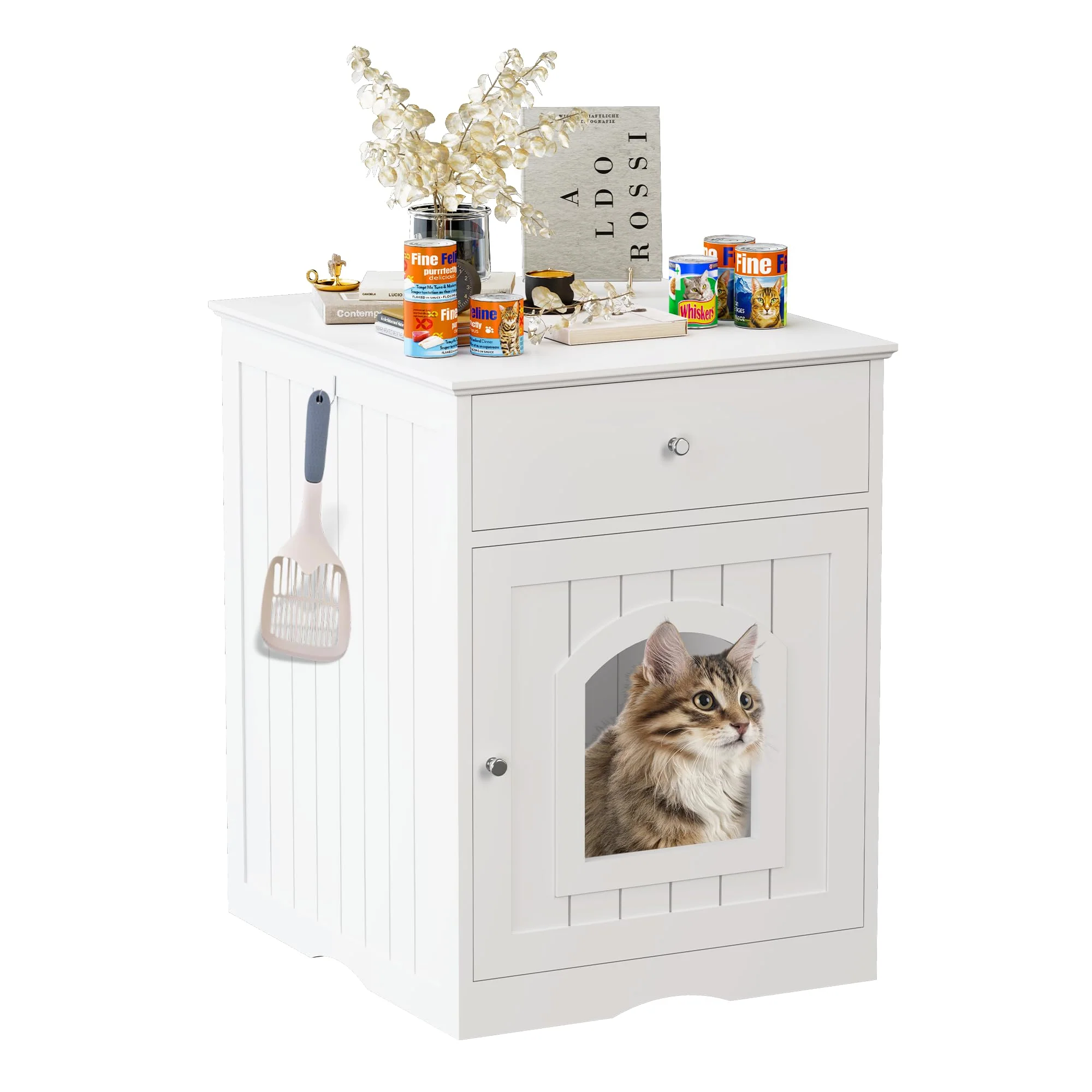 Original Qiaoxuan Litter Box Enclosure – Hidden Cat Cabinet End Table White High-Quality