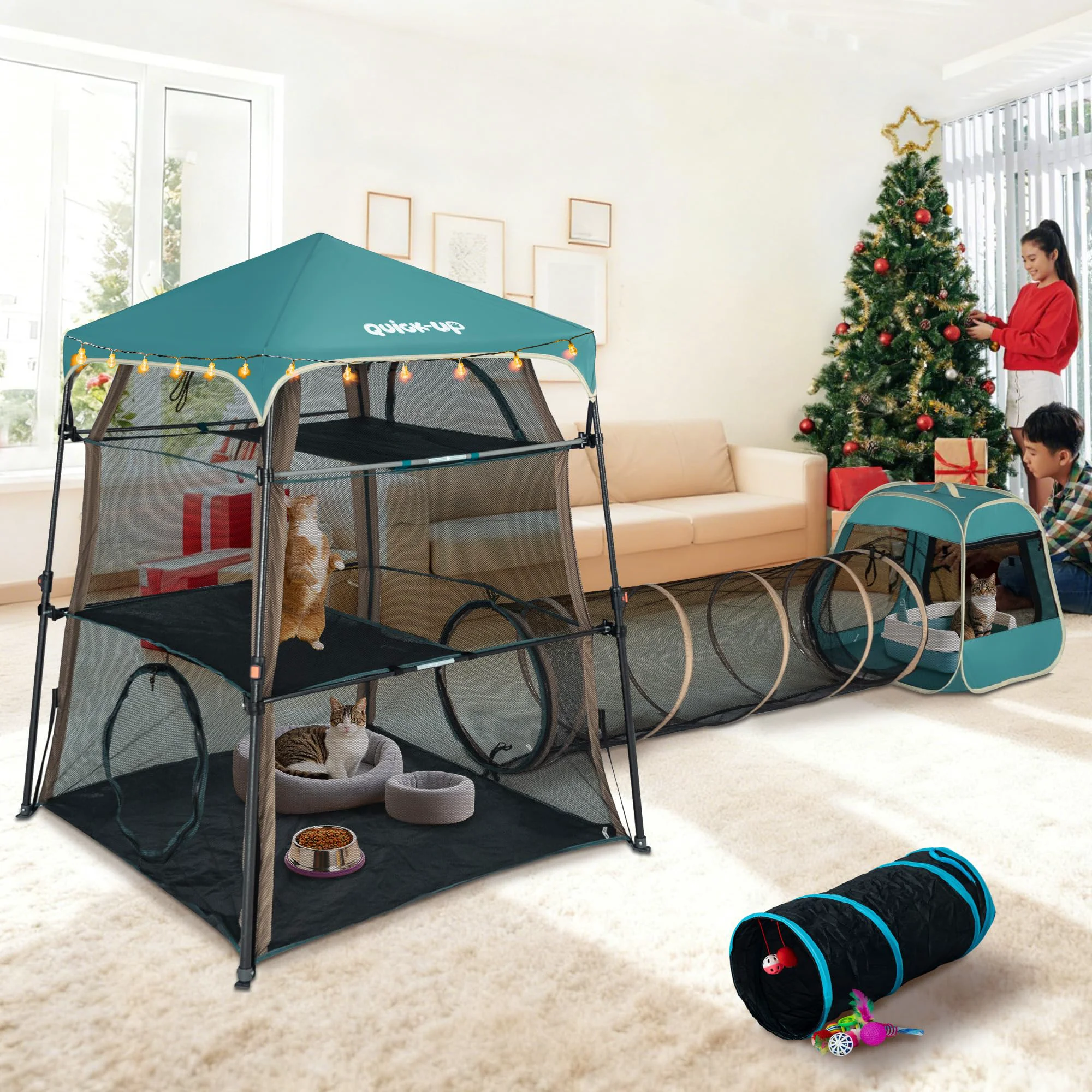 Convenient QUICK-UP Extra Large Catio 3-in-1 Cat Tower Tent Weatherproof Outdoor Cat Enclosure Breathable
