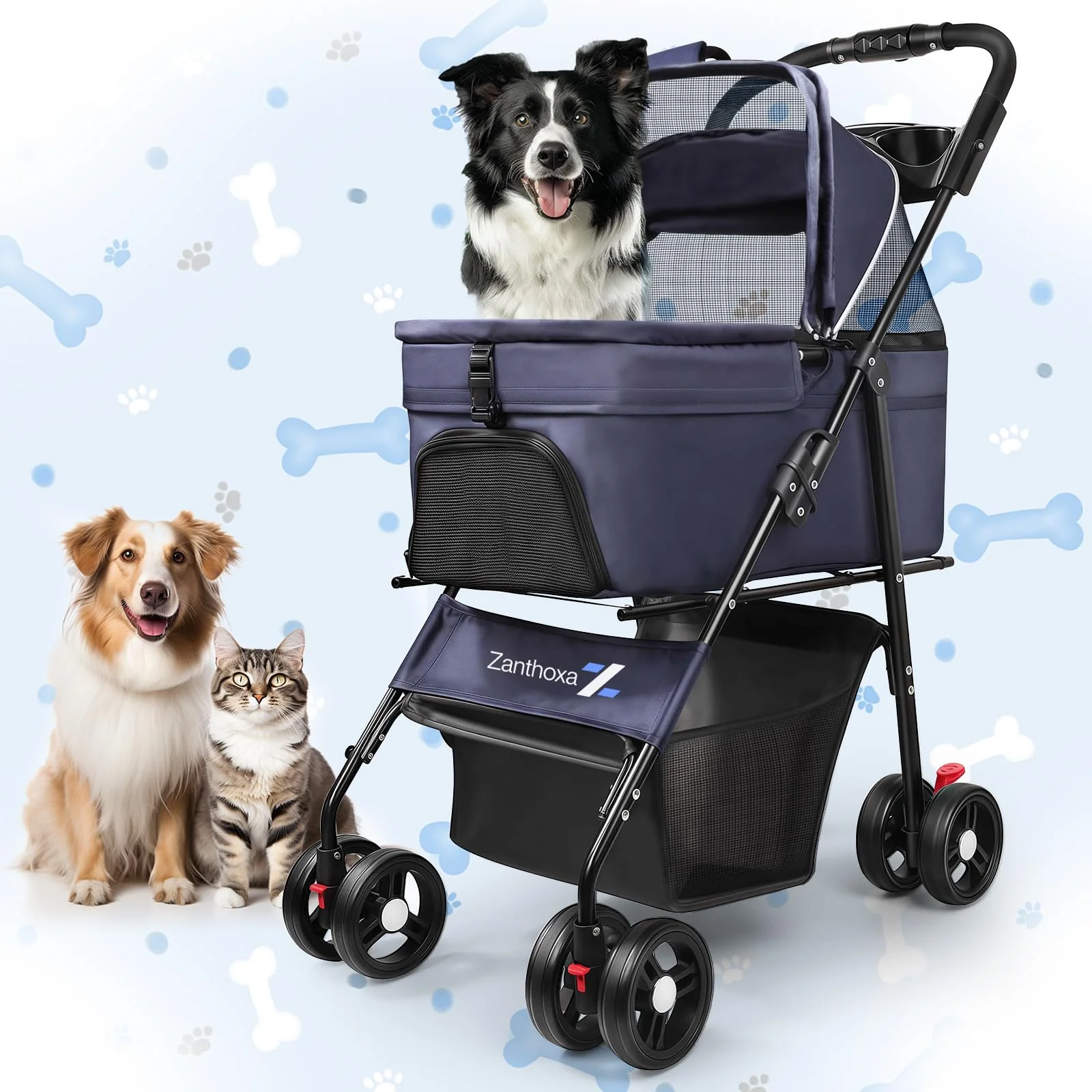 Eco-Friendly Zanthoxa Dog Stroller – 4‑Wheel Foldable Pet Stroller for Small to Medium Dogs Cats Up to 45 lbs Excellent