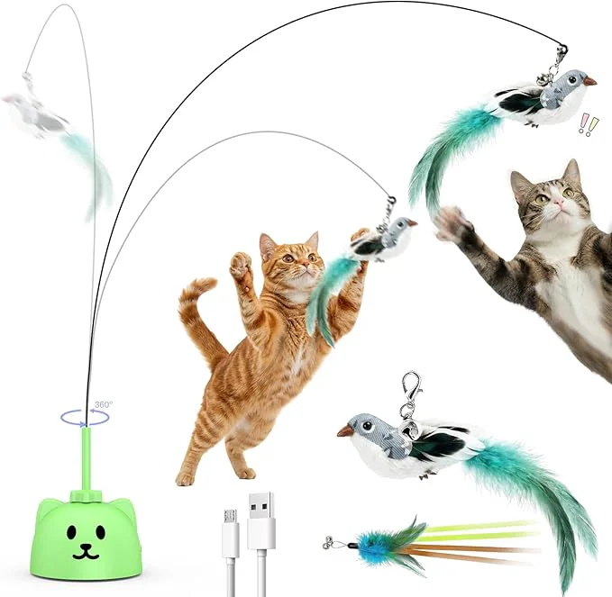 High-End Interactive Cat Toys for Indoor Cats – Automatic Flying Bird Feather Toy USB Rechargeable Electric Cat Teaser with Strong Sticky Base Smart Motion Self-Play Toy for Bored Cats Green About This Luxury