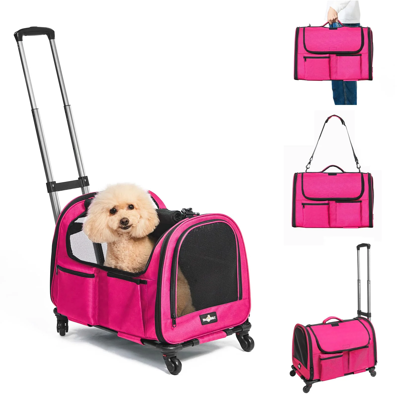 Elegant PAW BALLET Large Pet Carrier with Wheels — Pink Foldable Rolling Carrier for 1–2 Pets 21x13x13 Not for Airline Durable