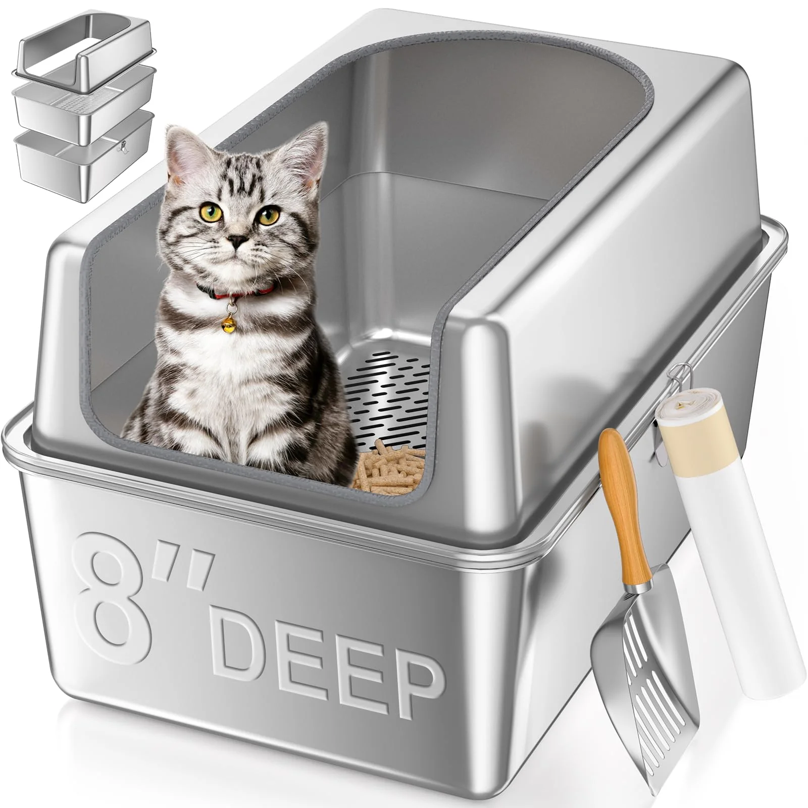 Trendy Paulmele XXL All Stainless Steel Sifting Litter Box with Lid – Odor Control Easy Cleanup High-End
