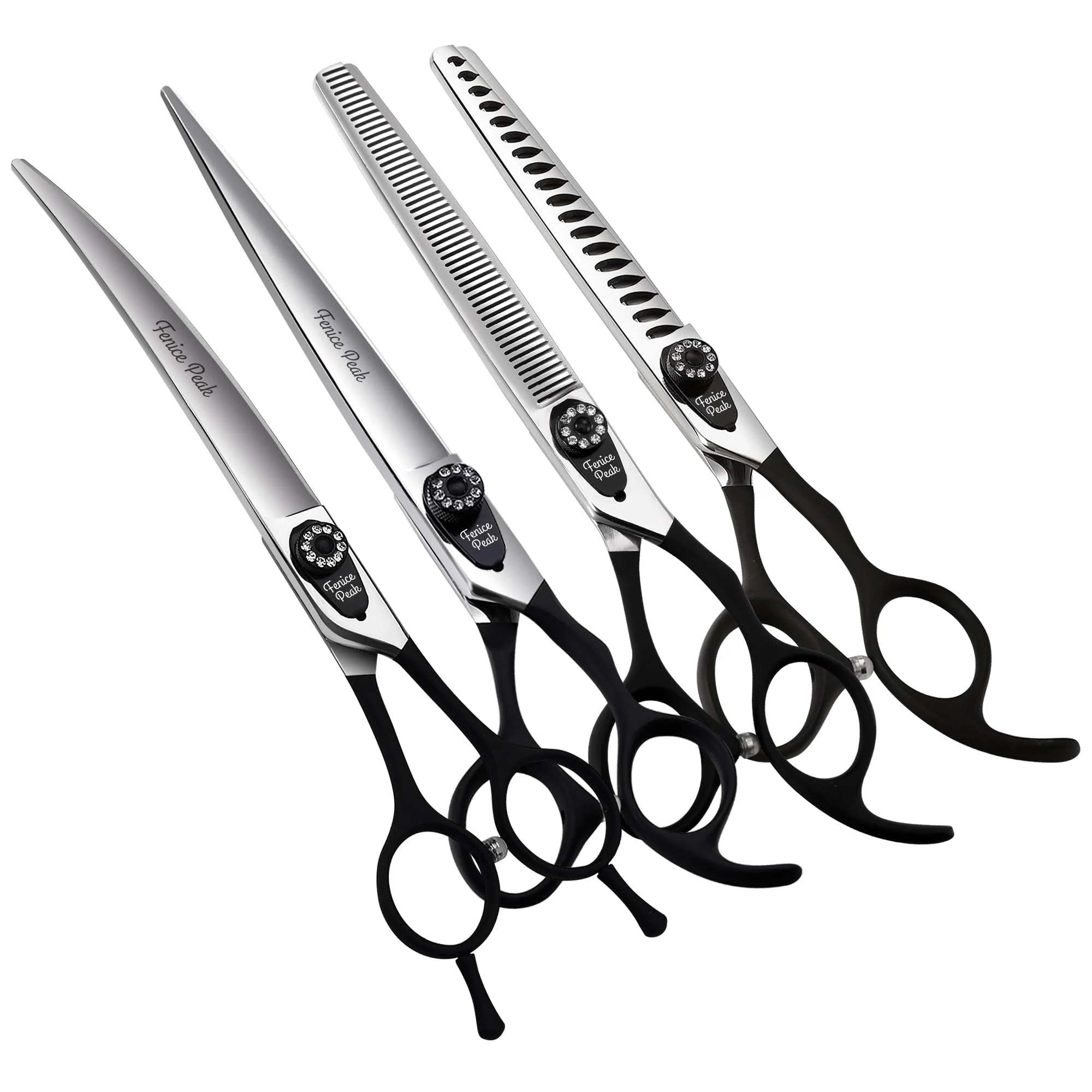 Certified Fenice Peak 7.5” Professional Dog Grooming Scissors Set – 4-Piece 440C Stainless Steel with Black Non-Slip Handles Traditional