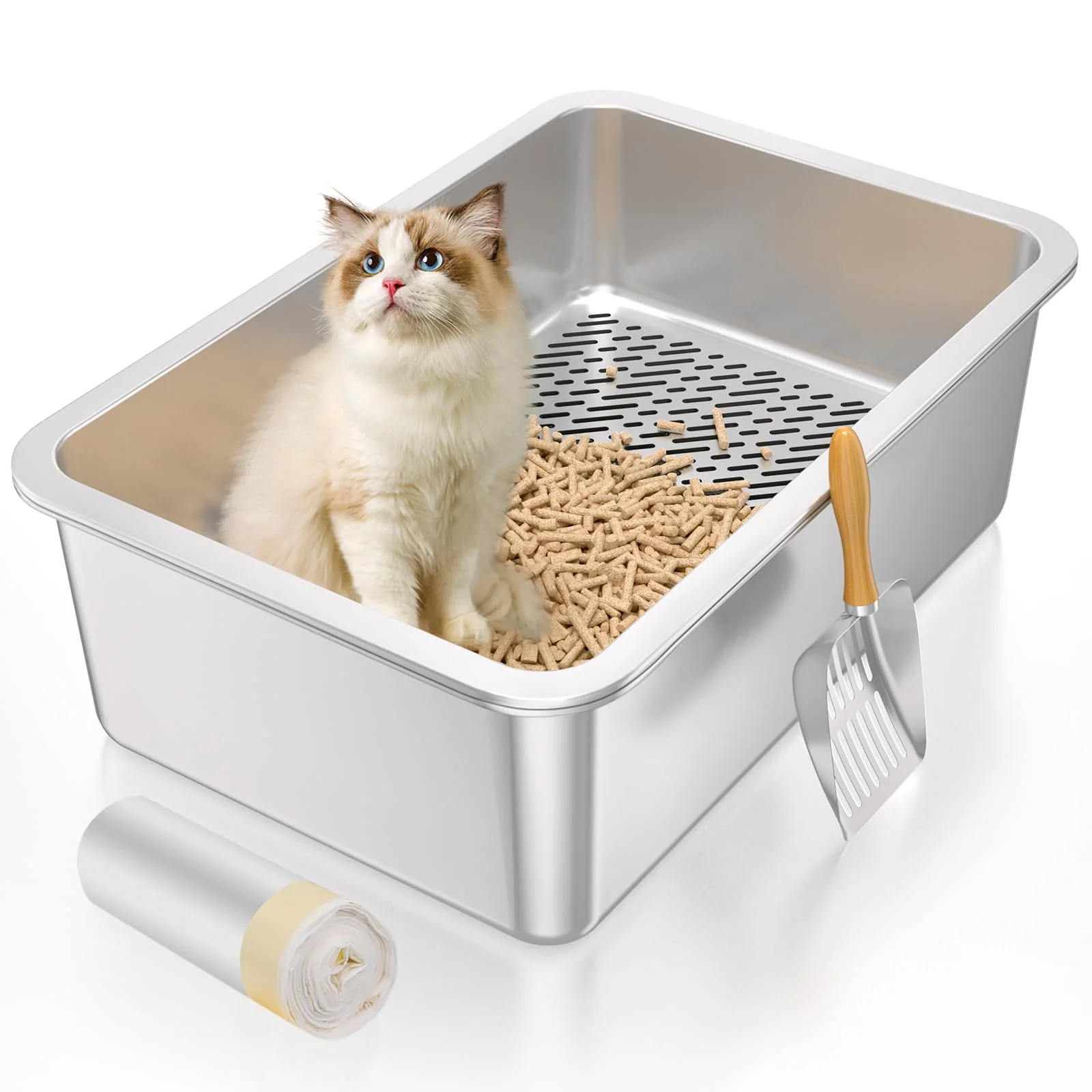 Healthy Paulmele XL Stainless Steel Sifting Litter Box for Big Cats Odor Control Easy Cleaning Comfortable