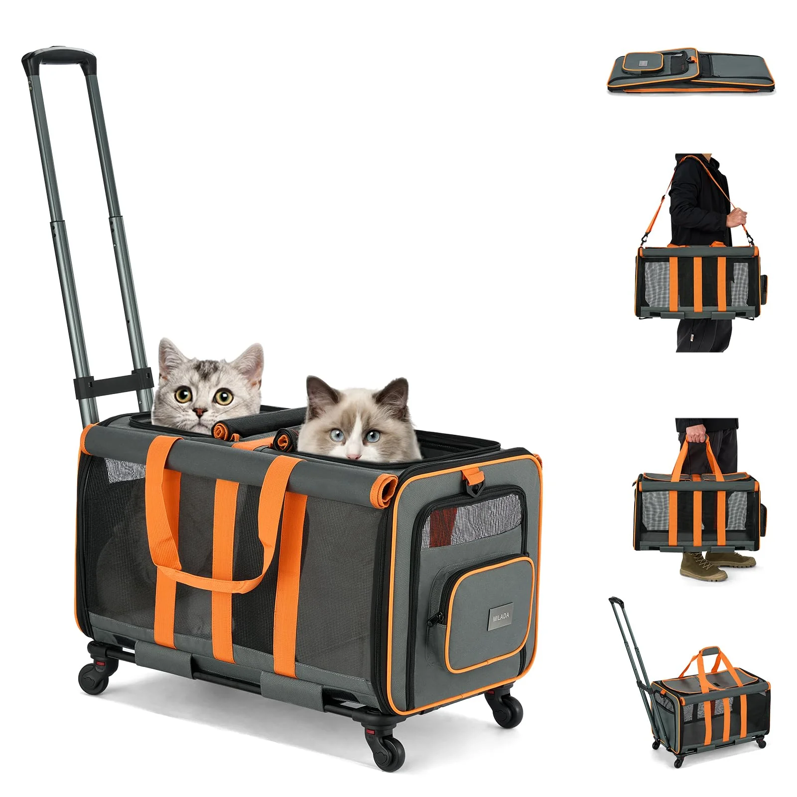 User-Friendly MILADA Large Cat Carrier with Wheels for 2 Cats – Double Cat Carrier on Wheels Soft Sided Travel Camping Not for Air Travel – Orange Professional