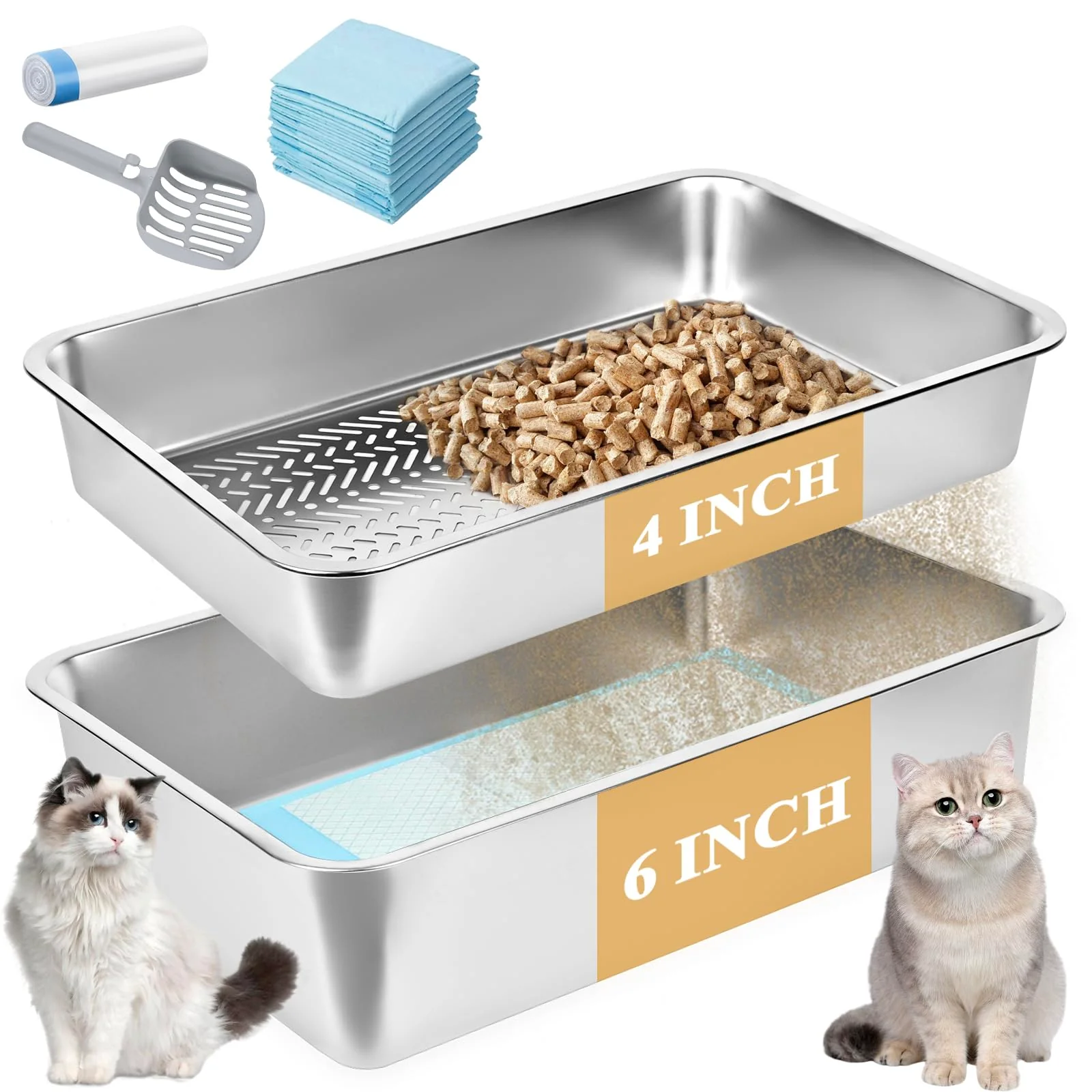 Fast Homegroove 23.6”x15.7”x6” Stainless Steel Sifting Litter Box – XXL Cat Litter Pan for Pine Pellets with Scoop Pee Pad World-Class