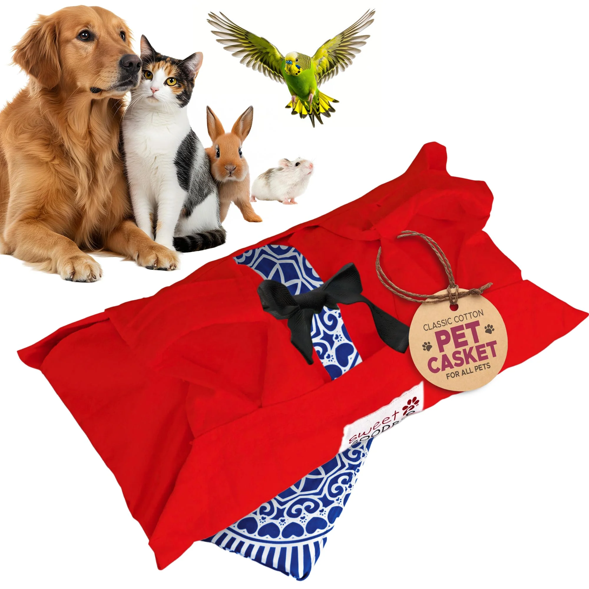 Official Sweet Goodbye Cocoon® Eco-Friendly Pet Burial Cremation Ceremony Kit — Classic Cotton XXS Red Blue All Pets Breeds Innovative