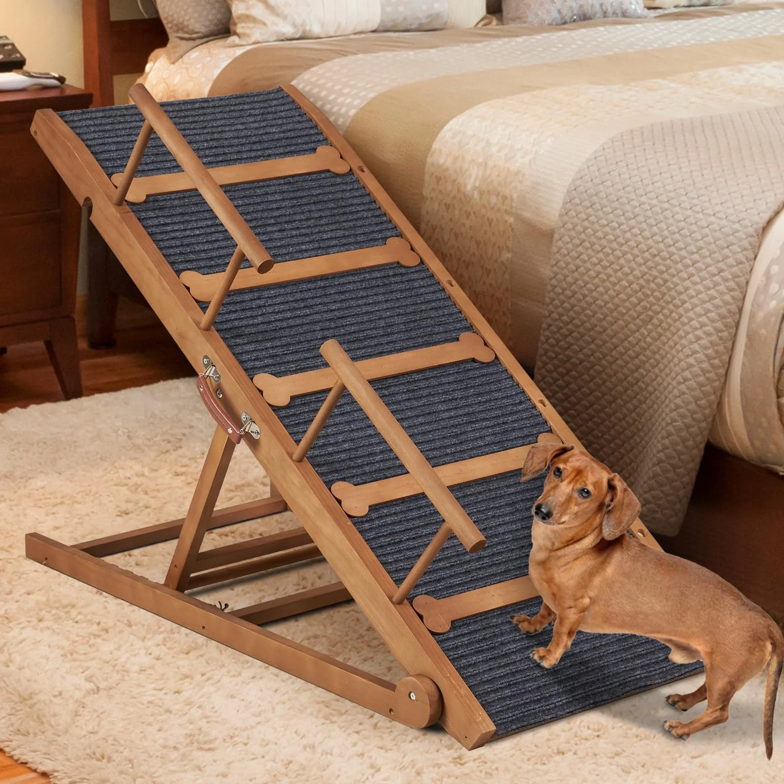 Smart INRLKIT Wooden Dog Ramp for High Bed — 6 Adjustable Heights 47.2 Long Non-Slip High-Grade