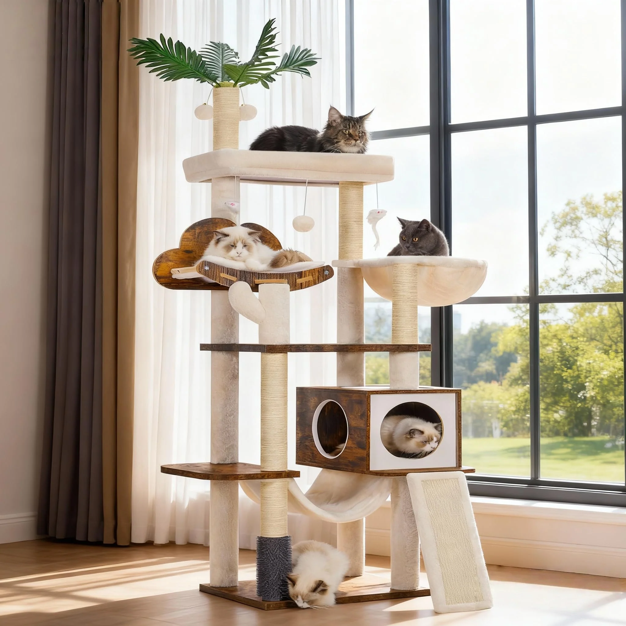 Premium Heybly Wood Cat Tree for Indoor Cats – Large Condo with Self-Groomer Hammock Rustic Brown HCT120SR Genuine