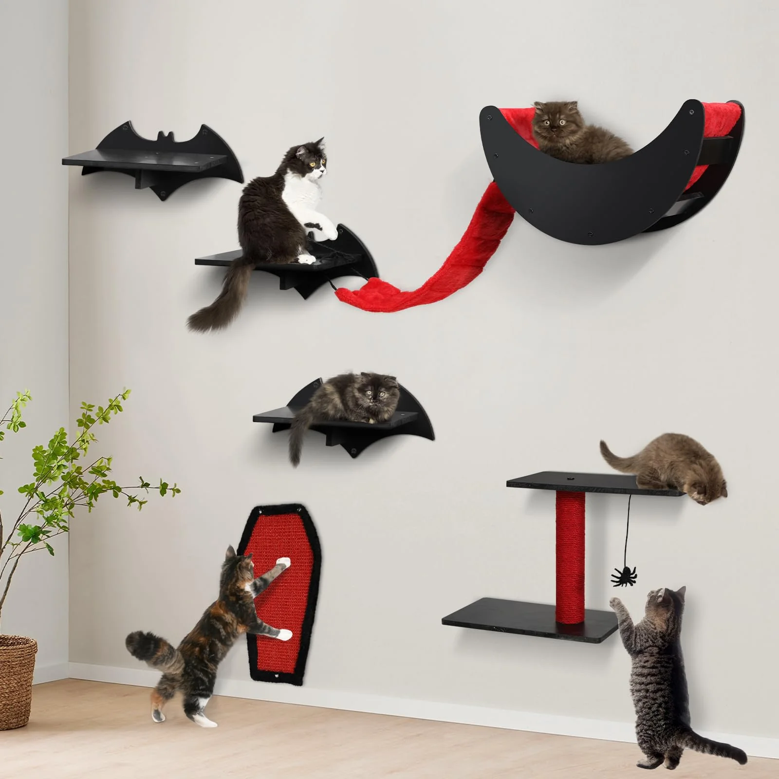 First-Class Petsinurarea Gothic Cat Wall Shelves 7pcs — Wall-Mounted Cat Climber Set with Moon Hammock Bat Shelves Bridge Ladder Healthy