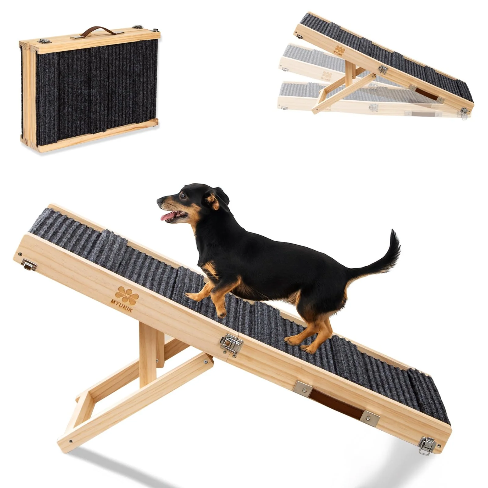 MYUNIK Upgraded 2025 Adjustable Small Dog Ramp — 34.65in Foldable Solid Wood 5 Heights Bed Couch Car Advanced