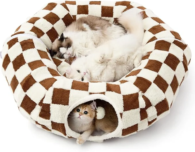 Excellent Lesure Large Cat Tunnel Bed – Cute Donut Bed for Indoor Cats with Washable Circle Cushion Round Pet Peekaboo Cave Toy for Multi Kitten Puppy Rabbit Large Brown ChecksAbout ThisOverview Green