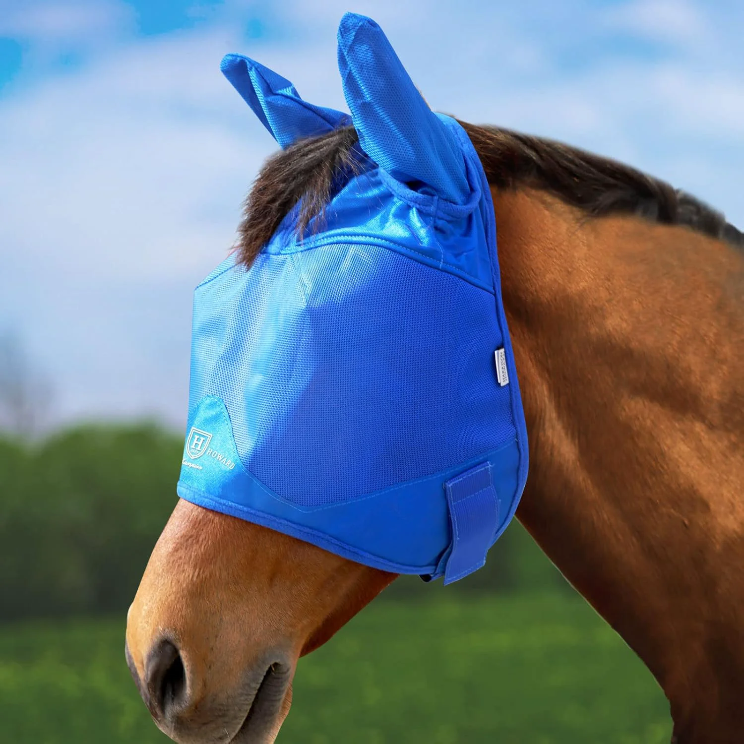 Quality Harrison Howard UV-proof Multi-Function Fabrics Thick Fleece Padding Horse Fly Mask Half Face with Ears Signature Blue Horse Large Genuine