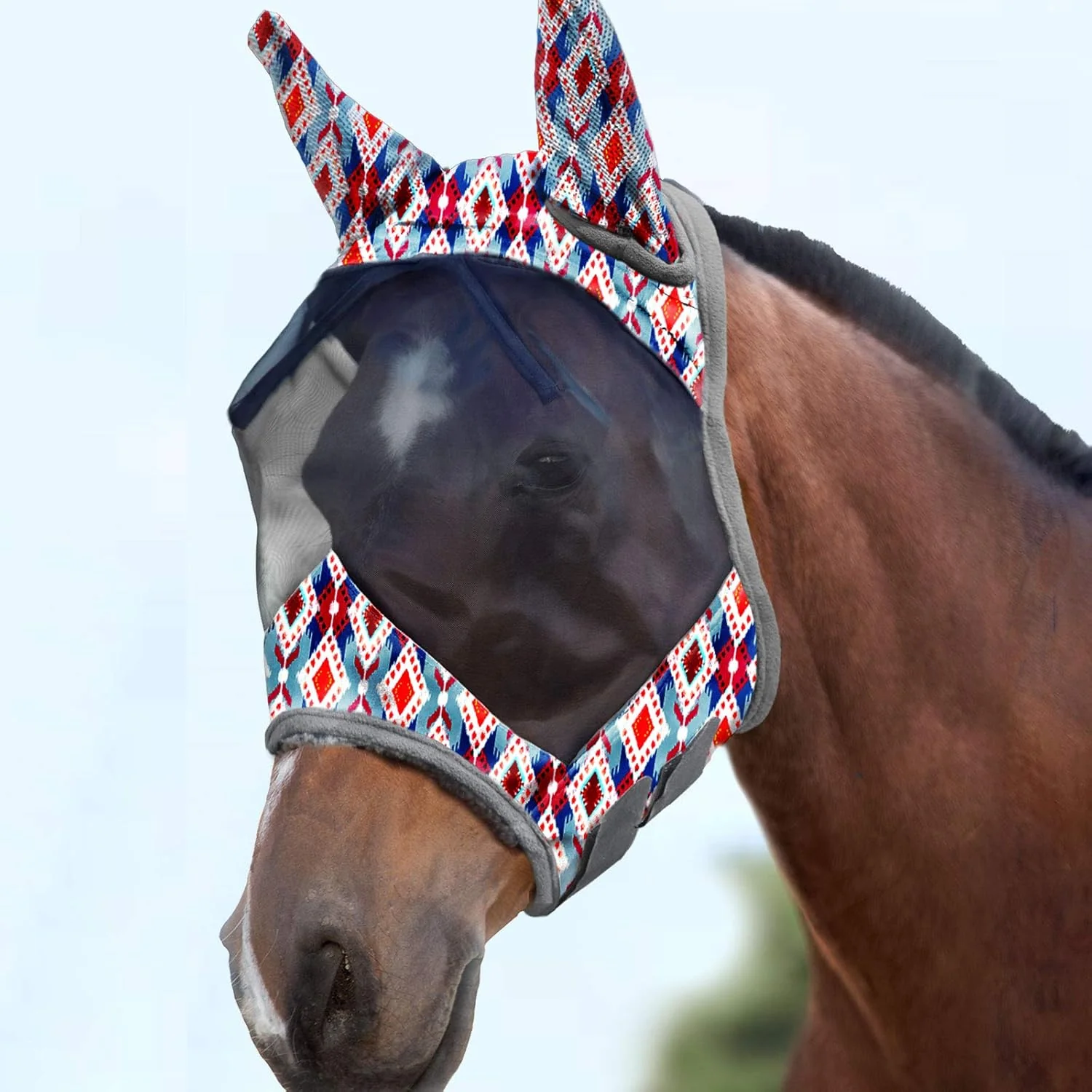 Crafted Harrison Howard LumiVista Horse Fly Mask Standard with Ears UV Protection for Horse Tribal Rhombus L Full Size Eco-Friendly